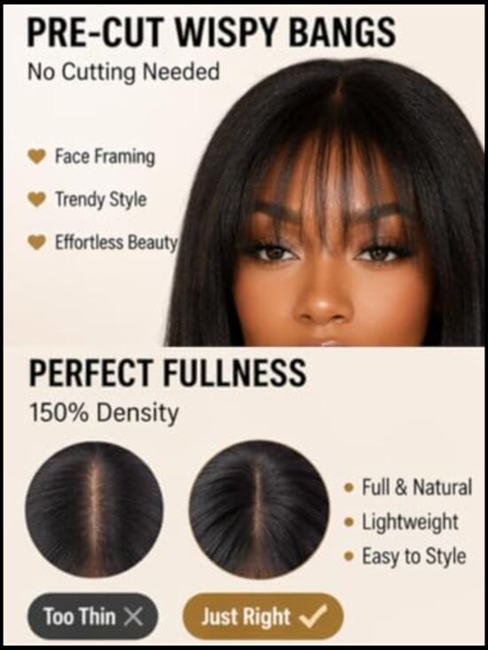 Yaki Straight Human Hair Wig with Wispy Bangs 150% Density Glueless Ready to main image 4